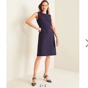 Ann Taylor Sleeveless Sheath Dress in Navy Windowpane Bi-Stretch